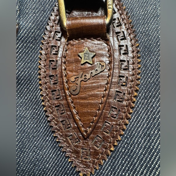 FENDI Blue Denim & Brown Leather Trim Etniko Bag Du Jour Shoulder Bag Auth - Picture 4 of 16